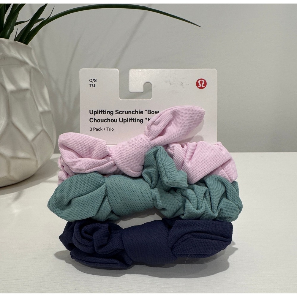 Lululemon Uplifting Scrunchie Bow 3 Pack Pink Teal Navy O/S NEW